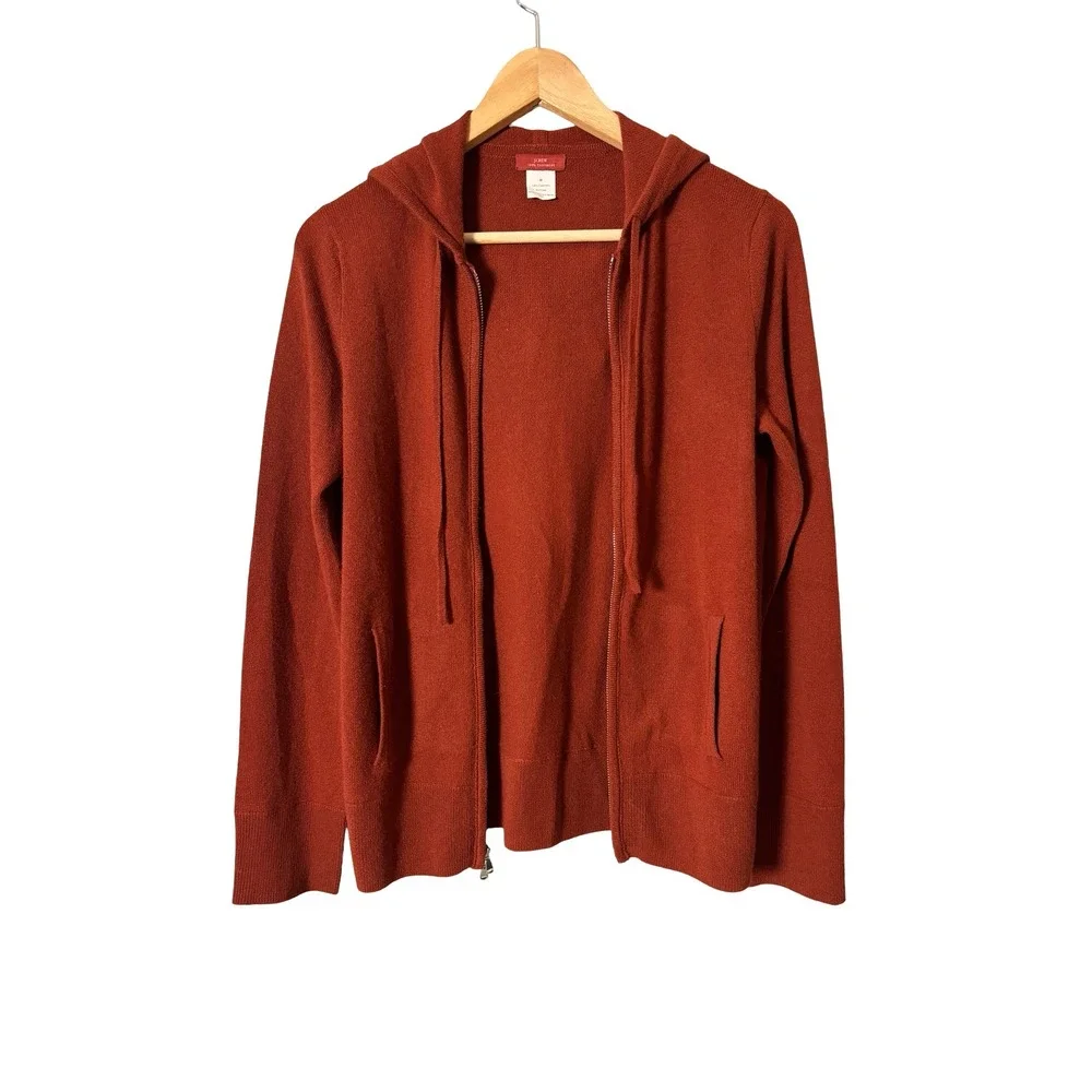 J. Crew 100% Cashmere Full Zip Hoodie Sweater Medium Rust Burnt Orange
